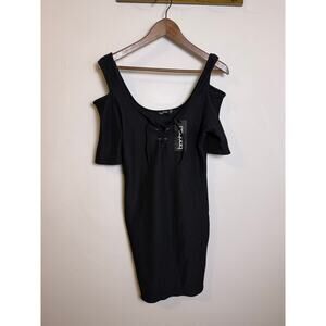 NWT Boohoo Black Ribbed Mini Dress Lace Front Women’s Sz 8